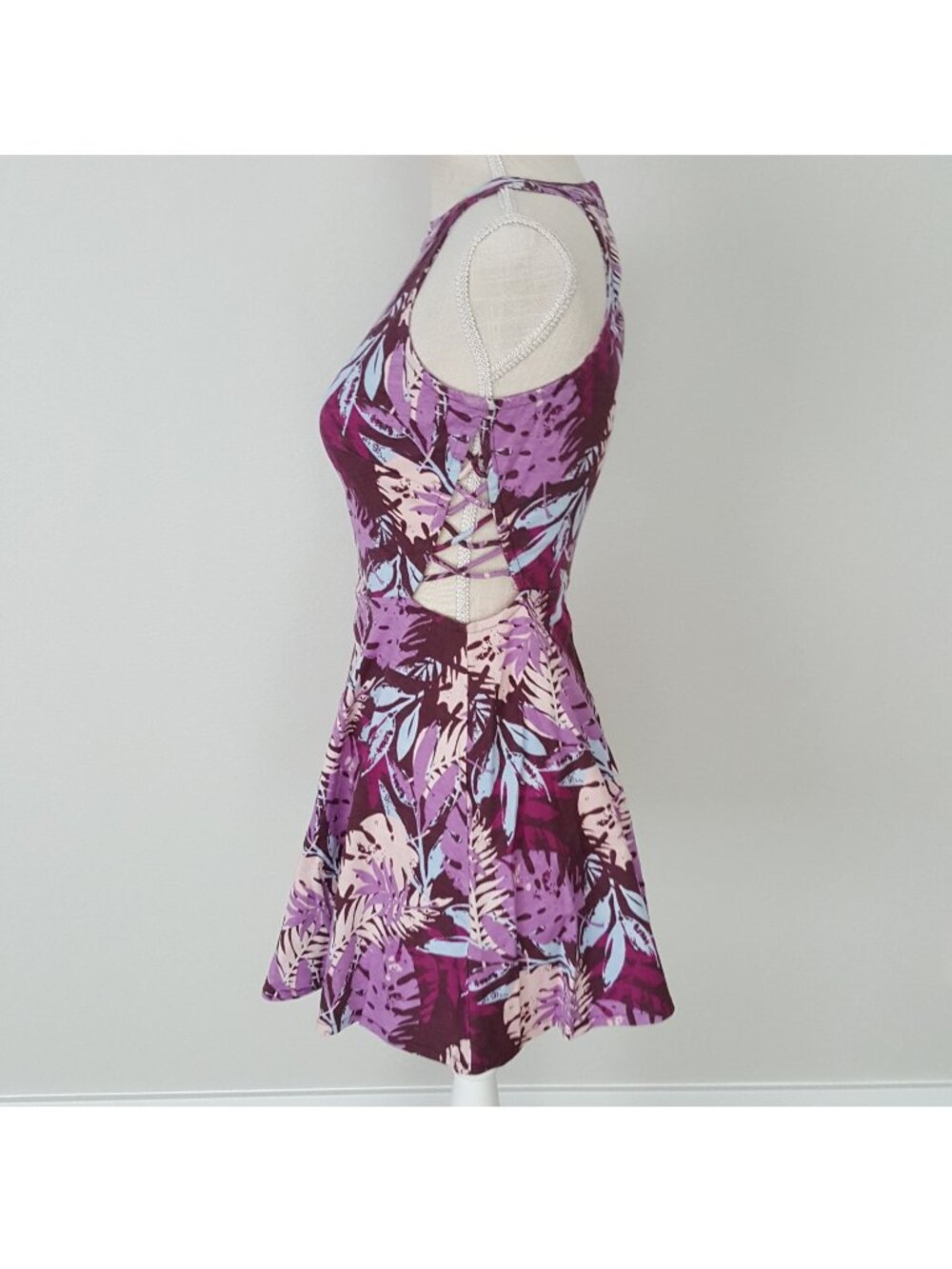 Purple Palm Leaf Skater Flare Dress Flowy Halter Lace-up Cutouts Mini Sundress